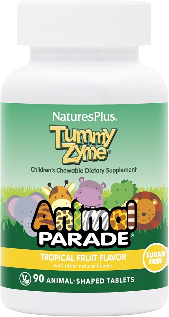 NaturesPlus Animal Parade Tummy Zyme Children’s Chewable Tropical Fruit Flavor - 90 Animal-Shaped Tablets - Contains Live Probiotics - Vegetarian Gluten Free Sugar Free - 90 Servings