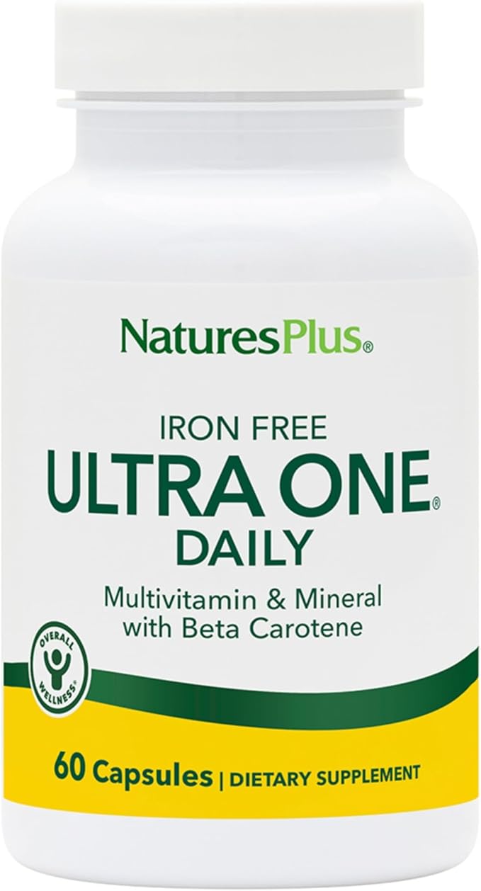 NaturesPlus Ultra One Daily Iron Free - 60 Fast-Acting Capsules - Multivitamin &amp Mineral with Beta Carotene - Vegan Gluten Free - 60 Servings