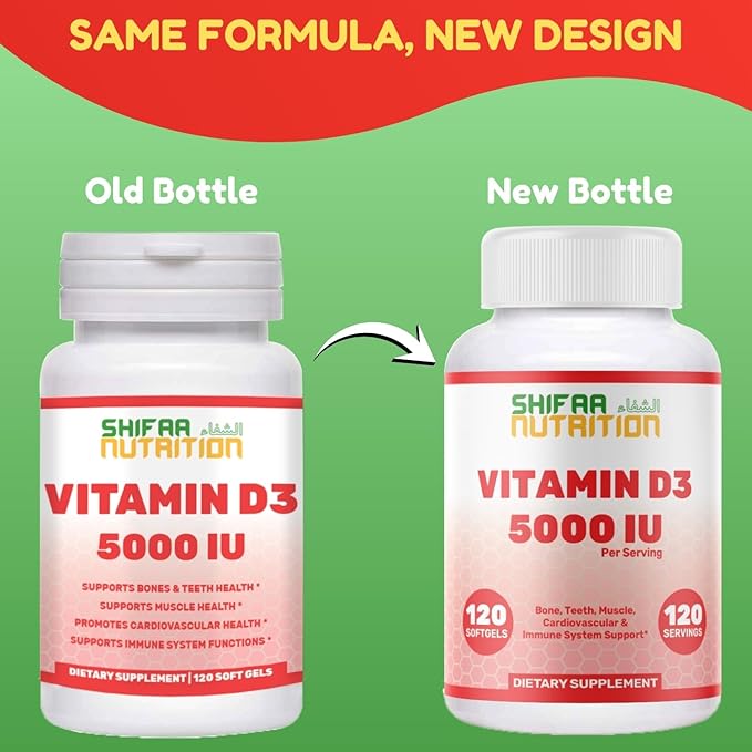 SHIFAA NUTRITION Halal Vitamin D Halal Vitamin D3 5000 IU Softgels 120 Servings. Non-GMO Gluten-Free Supports: Structure Bones Teeth Heart Muscle &amp Immune Functions