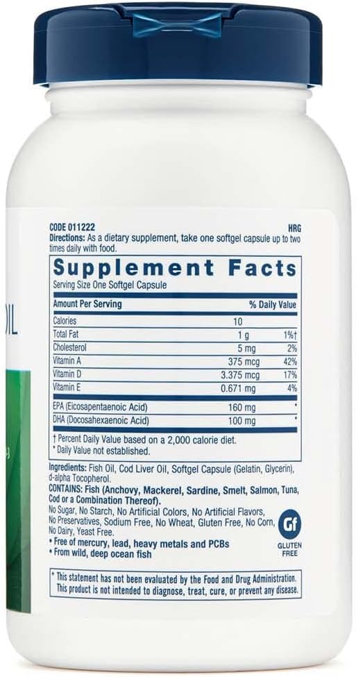 GNC Cod Liver Oil Omega 3 Supplement 260mg EPA and DHA Supports Heart Brain Skin Eye and Joint Health 90 Softgels (Pack of 2)