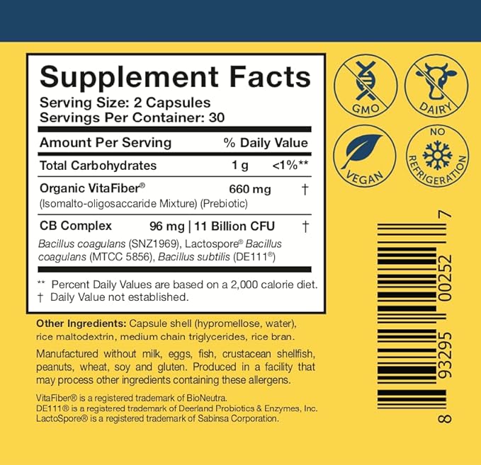 Researched Nutritionals Gut Health Supplements with Prebiotics &amp Probiotics for Women &amp Men - CoreBiotic - 3 Spore Based Probiotic Strains + Organic Prebiotic Fiber - Shelf-Stable (60 Capsules