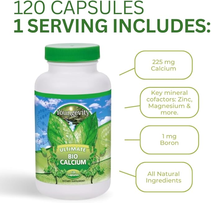 Youngevity Bio Calcium™ - Bioavailable Chelated Calcium + Magnesium Zinc Copper Potassium Boron - Absorbable Bone Support Supplement - (120 Capsules)