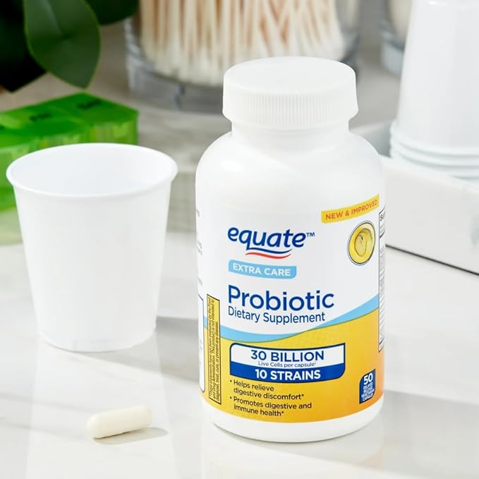 Equate Extra Care Probiotic Delayed-Release Capsules 30 Billion CFU 10 Strains 50 Count Sticker