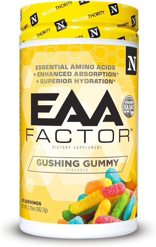 Nutrithority EAA Factor BCAA Essential Amino Acids Powder Gushing Gummy 30 Servings - Sugar &amp Caffeine Free Intra &amp Post Workout Drink with Electrolytes - Improve Muscle Recovery &amp Hydra