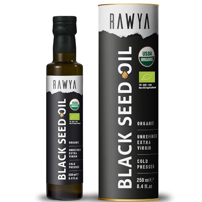 RAWYA Black Seeds + Black Seed Oil - USDA Organic Certified Cold Pressed Nigella Sativa Cumin Seed Oil Kalonji Premium Quality High Thymoquinone Pure &amp Natural 8.4 Oz + 16 Oz Seeds