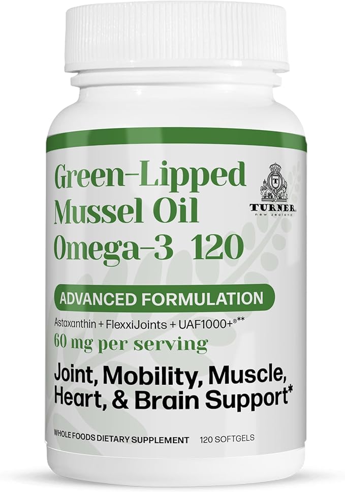 TURNER New Zealand Green Lipped Omega-3 Mussel Oil 53x Higher Potency with UAF1000+ Super Antioxidant for Superior Joint Comfort &amp Mobility No Fishy Aftertaste 1 Bottle 120 Softgels
