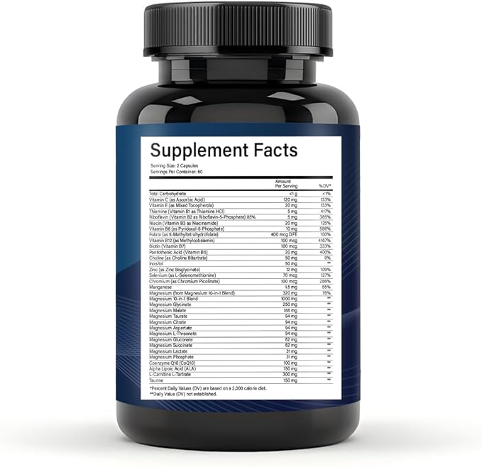 Magnesium Complex 30-in-1 10 Forms of Magnesium + Methylated B-Complex with CoQ10 Alpha Lipoic Acid &amp L-Carnitine 120 Capsules