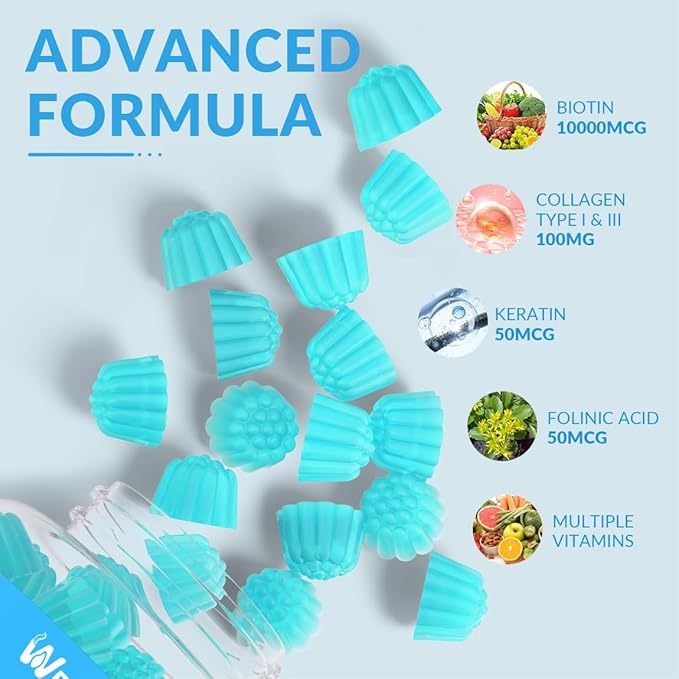 Sugar-Free Biotin Gummies Biotin and Collagen Gummies with Keratin Hyaluronic Acid for Women &amp Men | Hair Growth Glowing Skin &amp Strong Nails | Vitamin B7 Supplement Non-GMO Chewable