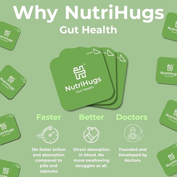 NutriHugs Gut Health Probiotic Oral Strips - Bacillus Coagulans Apple Cider Vinegar Digestive Enzymes | Vegan Sugar-Free Non-GMO | Doctor-Formulated | 30 Dissolving Strips