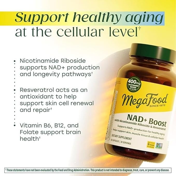 MegaFood NAD+ Supplement with Nicotinamide Riboside &amp Resveratrol - NMN Supplement Alternative - Vitamin B12 B6 Methylfolate &amp Niacin - NAD for Healthy Aging - Non-GMO - 60 Capsules 30 Serv