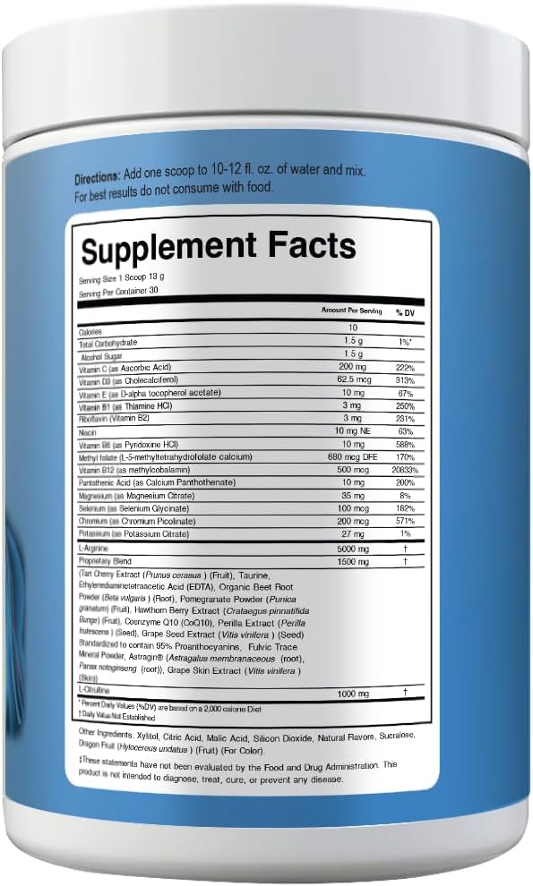 L-Arginine 5000mg &amp L-Citrulline 1000mg Combo+® - Mixed Berry 30 Servings 390g Nitric Oxide Booster Drink Mix Powder - CoQ10 &amp Organic Beet Root - High Potency Heart &amp Circulation Suppor