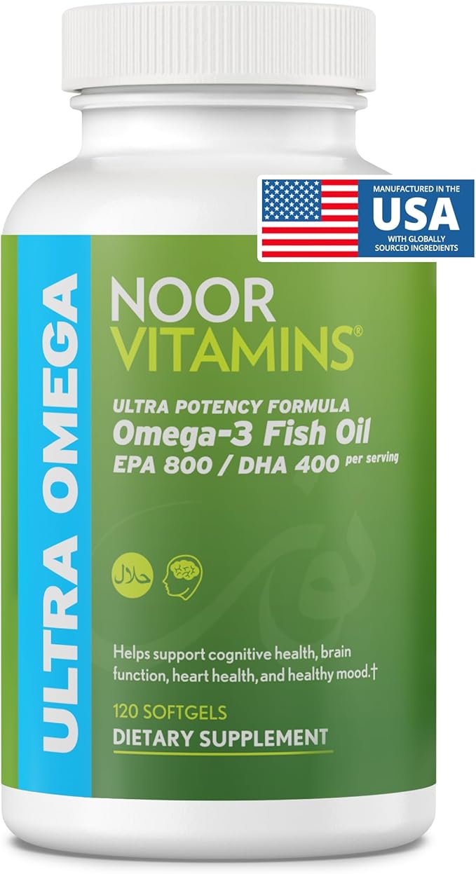 Noor Vitamins Halal Fish Oil Halal Vitamins Ultra Omega 3 Wild Peruvian Fish (800 mg EPA &amp 400 mg DHA) Heart Brain &amp Joint Support Non-GMO and Gluten Free (120 Count)
