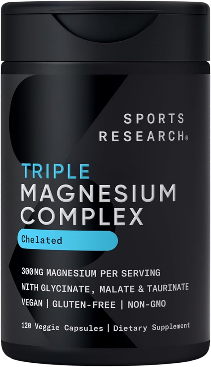 Sports Research® Chelated Triple Magnesium Complex with Glycinate Taurinate &amp Malate (Chelamax®) for Enhanced Bioavailability* - 300 mg per Serving Non-GMO Certified Vegan 120 Veggie Capsules
