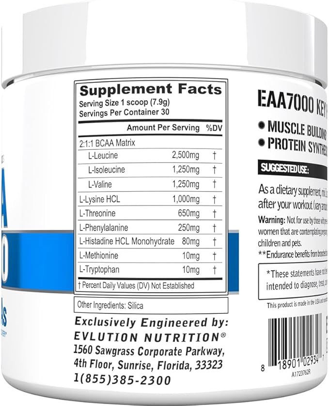 Evlution EAAs Amino Acids Powder - EAA Essential Amino Acids Pre &amp Post Workout Powder for Muscle Building Endurance and Recovery Support with 7g per Serving Plus 5g BCAAs (Unflavored 30 Servings