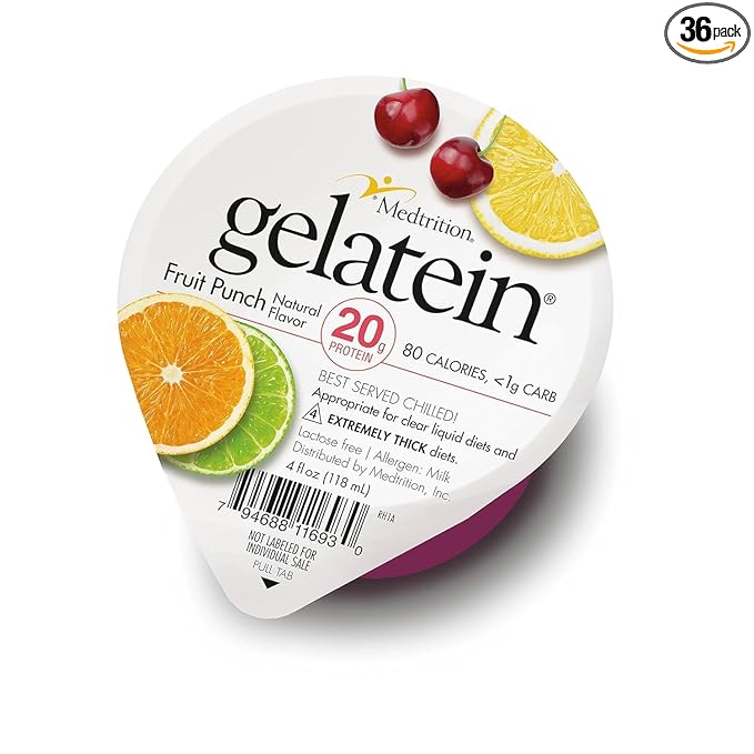 Gelatein Fruit Punch: 20 grams of protein. Sugar free. Ideal for clear liquid diets swallowing difficulties bariatric dialysis and oncology. Great pre or post-workout snack. (36 pack)