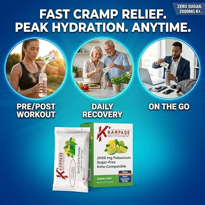 Krampade High Potassium Electrolytes Powder Zero Sugar Lemon Lime 4180mg Electrolytes 2000mg Potassium Cramp Relief &amp Prevention Cellular Hydration Better Endurance &amp Recovery Keto 20 S