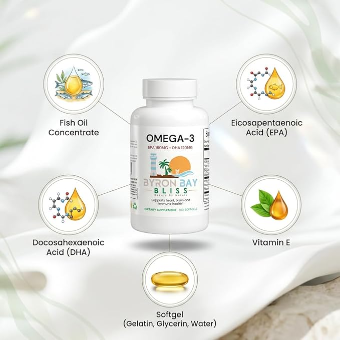 Omega 3 Fish Oil Capsules 1000mg – EPA 180mg DHA 120mg per Softgel – Omega-3 Fatty Acids Supplement for Heart Brain Joint &amp Eye Health – Fish Oil Pills for Women &amp Men – 100 Softgels