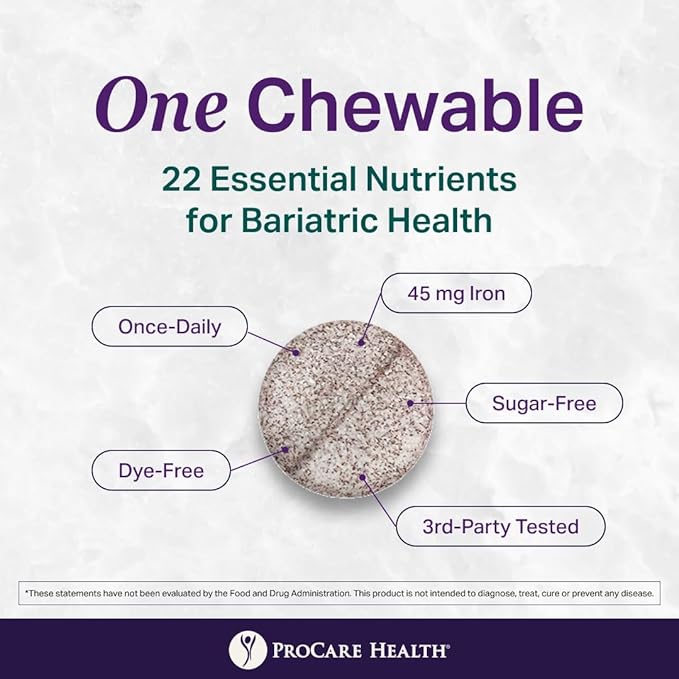 Procare Health Bariatric Multivitamin with Iron 45mg Chewable (30 Tablets) - Fruit Punch Flavor Bariatric Multivitamin Chewable Pills for Gastric Bypass &amp Sleeve Gastrectomy Patients (01 Month Sup