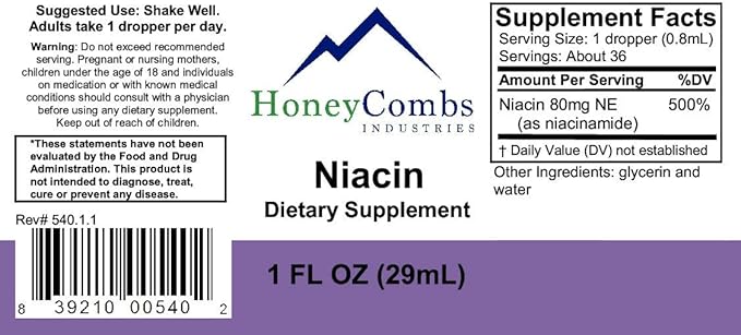 HoneyCombs Vitamin B3 Niacin Supplement Liquid Drops - High Potency Vitamin B3 Liquid Drops for Men &amp Women - Maintain Digestive System Skin Tongue Energy and More - Vegan Niacin Drop (8 Fl oz)