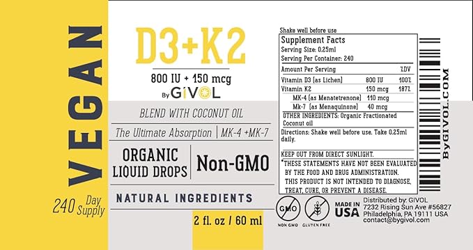 D3 + K2 Liquid Drops with MK-4 &amp MK-7 –Non-GMO Gluten-Free Sugar-Free Easy Absorption Liquid Spray for Kids &amp Adults - 2 Fl Oz/60 ml 240 Day Supply