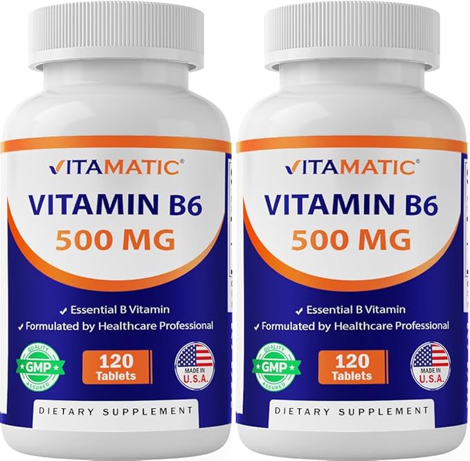 Vitamatic Vitamin B6 (Pyridoxine HCI) 500 mg – 120 Vegetarian Tablets - 2 Pack Promotes Energy Production Boosts Metabolism &amp Immune Health Support