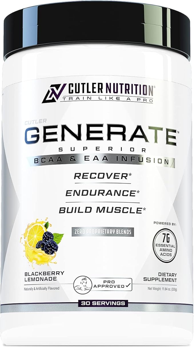 Generate EAA and BCAA Powder: Best Post Workout Recovery Drink and Branched Chain Amino Acids Supplement with Essential Amino Acids 5g BCAAs 2g EAAs | BlackBerry Lemonade 30 Servings
