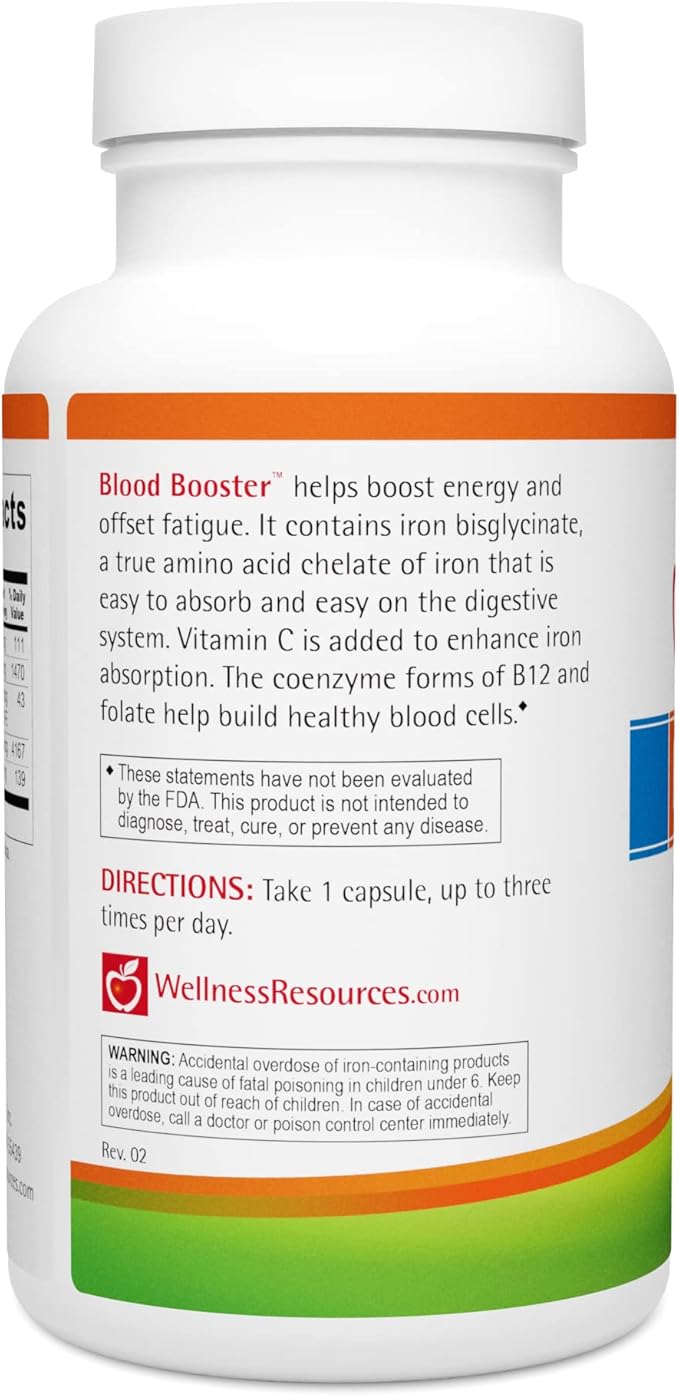 Blood Booster Iron Supplement for Energy and Fatigue - Gentle Non-constipating Iron Methylfolate and Other coenzyme B Vitamins (180 caps - Vegan Gluten Free Non-GMO)