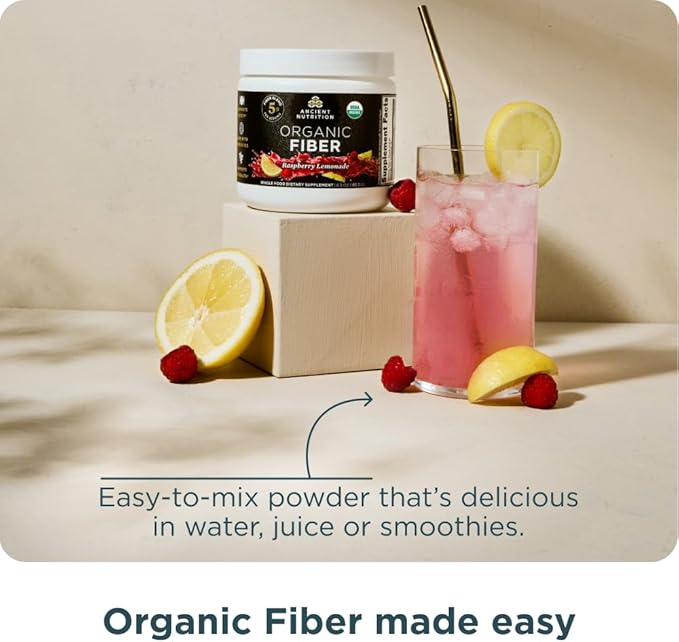 Ancient Nutrition Organic Fiber Powder Raspberry Lemonade Soluble Fiber from Acacia &amp Konjac Root Supports Digestive Health Reduces Bloating 6.5 oz