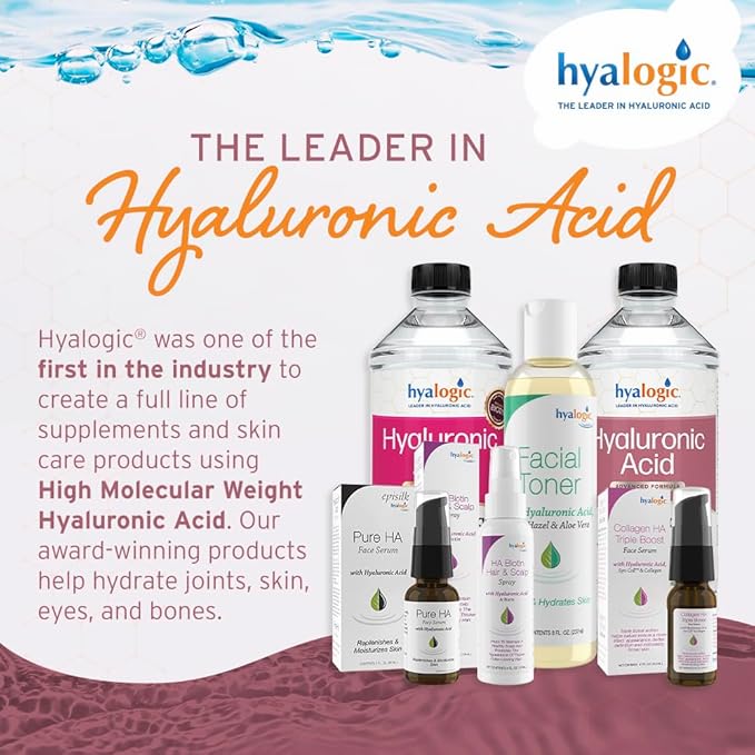 Hyalogic Liquid Hyaluronic Acid Supplement - Ingestible Skin Support with 100mg HA and 100mg MSM - Natural Hydration for The Face Eyes and Lips - High Molecular Weight Formula - 12 oz