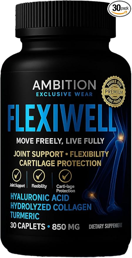Ambition Flexiwell Joint Support Supplement with Hyaluronic Acid Collagen Turmeric 30 Caplets 850mg