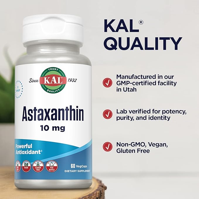 KAL Astaxanthin 10mg Powerful Antioxidants Supplement Eye Health and Brain Supplement From Natural Plant Source Non-GMO Vegan Gluten Free 30 Servings 60 VegCaps