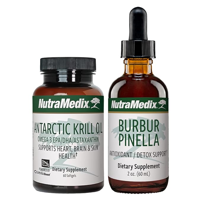 NutraMedix Brain Support Bundle - Includes Artic Krill Oil Softgels and Burbur Pinella Liquid Drops for Cognitive Health Detox and Brain Support - 2-Piece Supplement Set for Cognitive Support