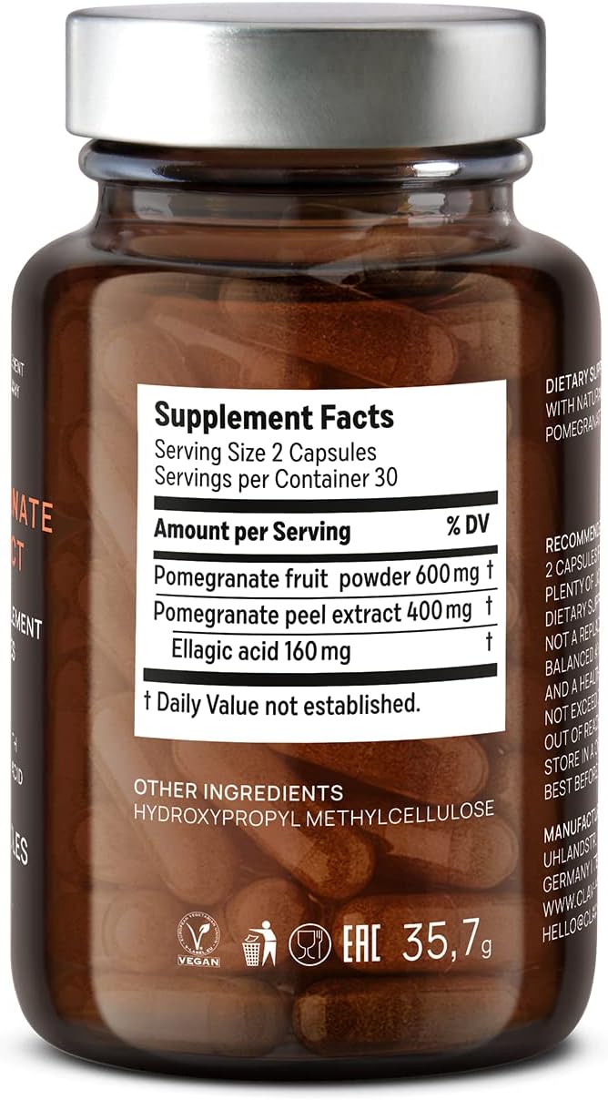 CLAV Pomegranate Extract - 1000mg Daily Dose - 40% Ellagic Acid - Vegan Pomegranate Supplement - Heart &amp Joint Support - 60 Capsules - Made in Germany