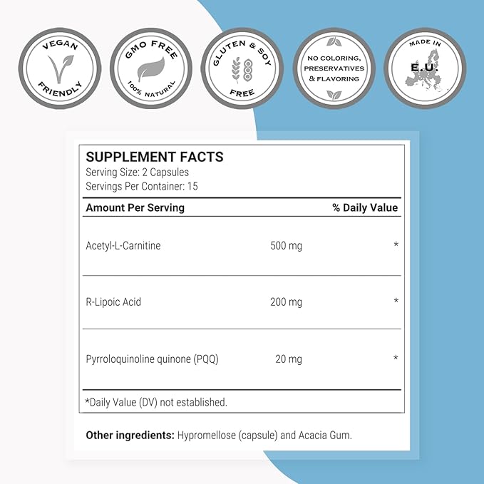 SuperSmart - Mitochondrial Formula (Advanced Formula) - with PQQ R-Lipoic Acid Acetyl-L-Carnitine - Mitochondrial Supplement | Non-GMO &amp Gluten Free - 30 Vegetarian Capsules