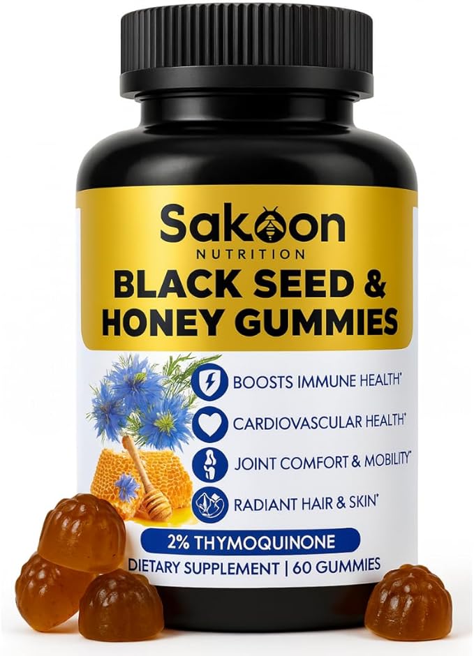 Sakoon nutrition Black Seed Oil Gummies with Honey and W/ 2%+ THYMOQUINONE - Nigella Sativa Seeds - Super antioxidant for Immune Support Joints Digestion Hair &amp Skin - 60 Gummies