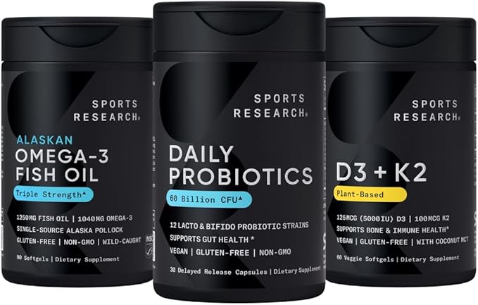 Sports Research Body Wellness Pack - Wild Alaskan Pollock Omega 3 Fish Oil 1250mg + Vegan Probiotics with Prebiotics 60 Billion CFU + 5000 IU Vitamin D + 100mcg Mk7 Vitamin K