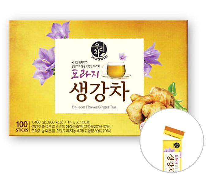 SONGWON Doraji (Balloon Flower Root) Ginger Tea Sticks Instant Herbal Tea Powder_100 Sticks (14g Each / 49.38oz)