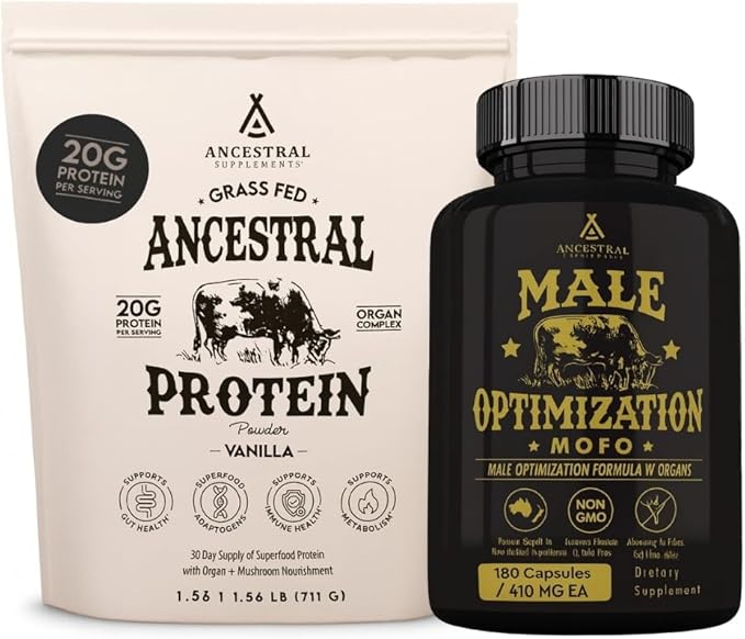 Ancestral Supplements MOFO &amp Vanilla Protein Bundle for Men – Supports Strength Energy Hormone Health &amp Recovery – Grass Fed Beef Organ Blend with 20g Protein Gut Health Support &amp Organ