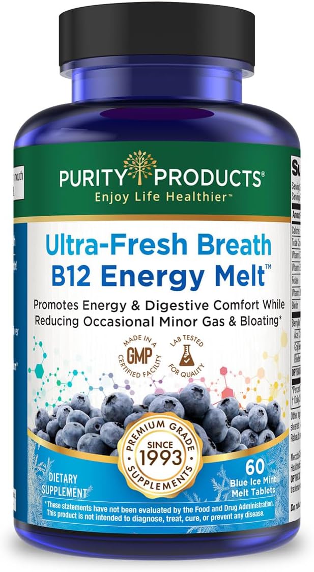 Ultra Fresh Breath B12 Energy Melts – 1000 mcg Methylcobalamin + Probiotics Zinc D3 &amp Biotin – Supports Energy Immunity Digestive Comfort &amp Oral Health - Mint Flavor Chewable Tablets – 60