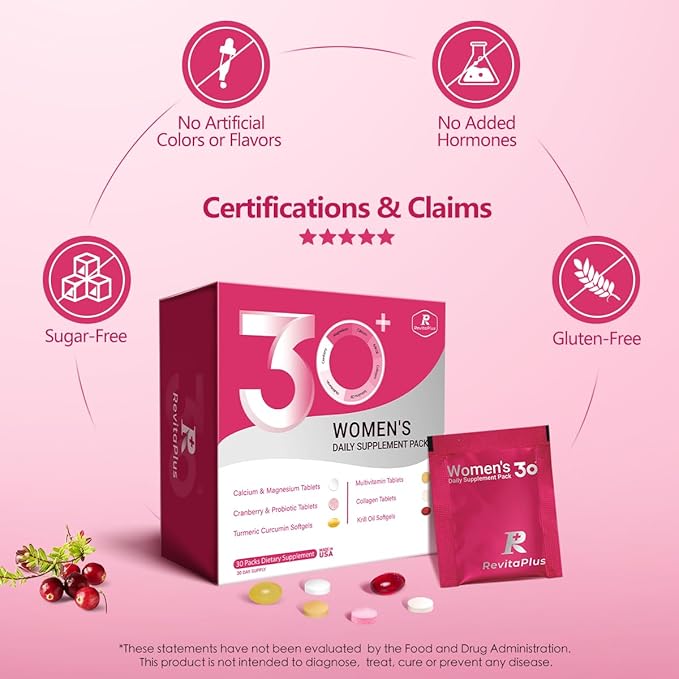 RevitaPlus Multivitamin for Women with Vitamin ABCD3EK2Biotin CollagenKrill OilCranberries Supports EnergyWellnessBeauty and Immune - Vitamin Packs for Women Health 2 PCS-60 Packs