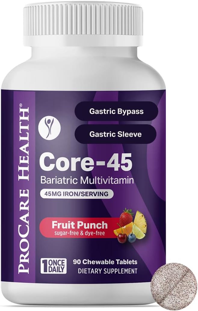 Procare Health Bariatric Multivitamin with Iron 45mg Chewable (90 Tablets) - Fruit Punch Flavor Bariatric Multivitamin Chewable Pills for Gastric Bypass &amp Sleeve Gastrectomy Patients (03 Month Sup