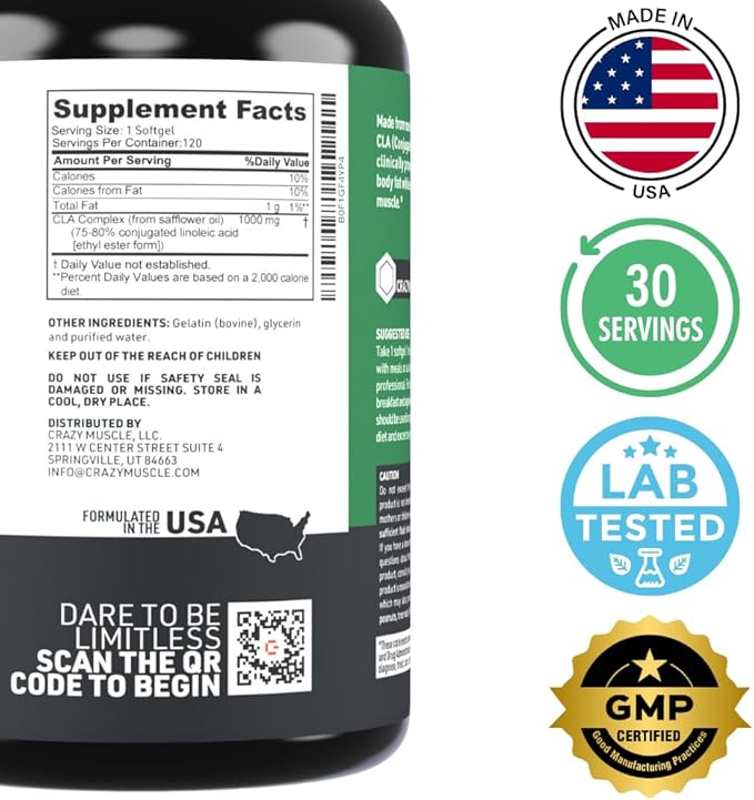 Crazy Muscle CLA 1000mg Conjugated Linoleic Acid Fat Burner for Weight Management &amp Muscle Definition High Potency Keto-Friendly Non-Stimulant CLA Supplement Non-GMO 120 Serving Softgels