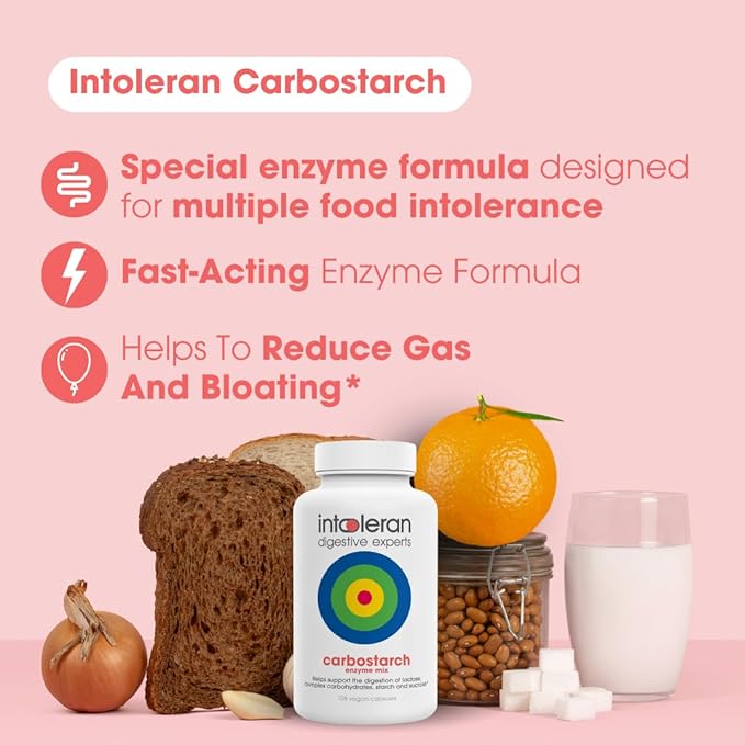 Intoleran Carbostarch Digestive Enzymes - 108 Capsules | Helps Digest Starch Sucrose Lactose and Complex carbohydrates | FODMAP Intolerance | Highly Dosed Supplement | Pure &amp Vegan