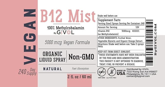 B12 Liquid Spray Mist – Hydrating Fine Mist Spray for Everyday Use – Easy Absorption &amp Convenient Application for Kids &amp Adults - 2 Fl Oz / 60 ml Travel-Friendly Bottle – 240 Spray Supply