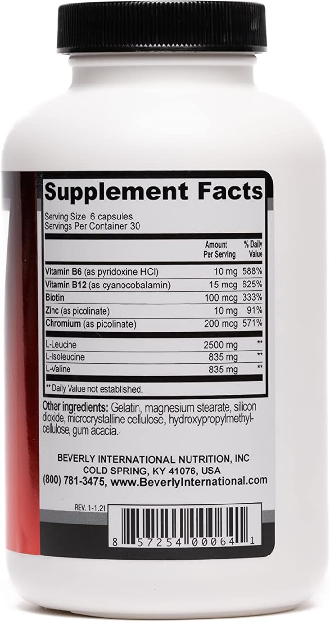 Beverly International Muscularity Specialty BCAA Formula 180 Capsules. Branched Chain Amino Acids + Chromium Picolinate B6-B12. Improves Energy Metabolism - Muscle Recovery - Muscle Guard.
