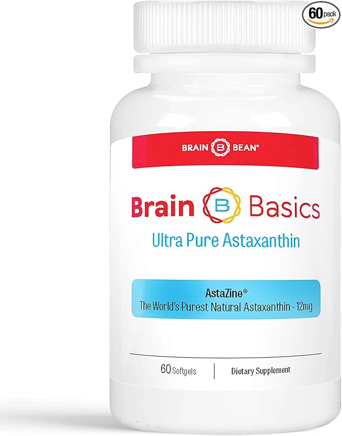 Brain Basics Ultra Pure Astaxanthin - 12mg AstaZine with 6mg Vitamin E. Non-GMO Gluten Free Astaxanthin Supplements for Memory Focus and Clarity - 60 Softgels