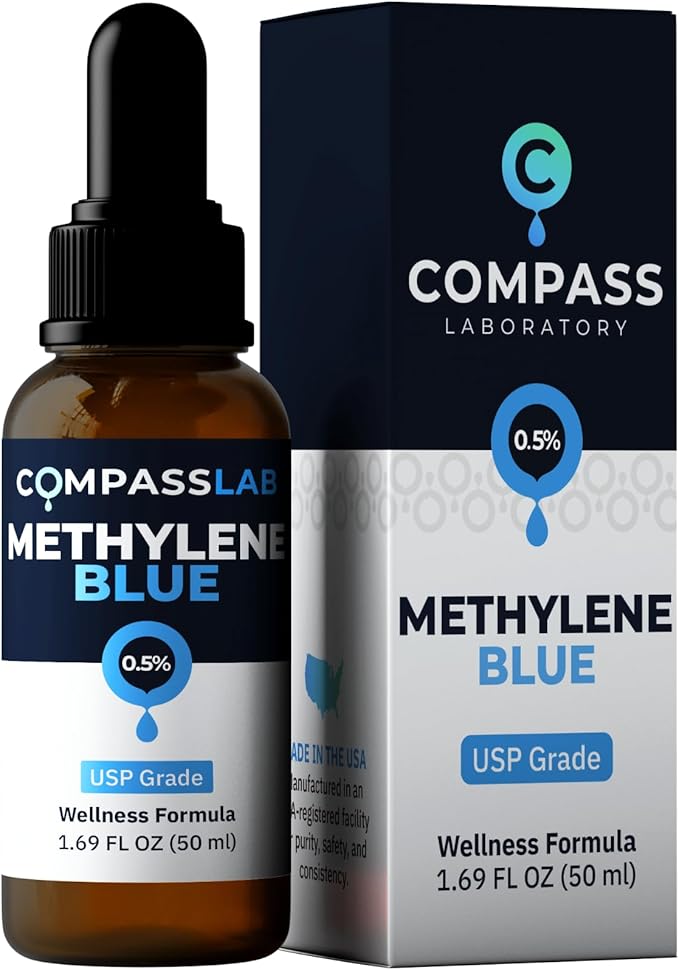 COMPASS LABORATORY Methylene Blue Pharmaceutical Grade USP Grade Third-Party Tested Dietary Supplement for Humans No Formaldehyde Made in USA (0.5% 50ml Bottle)