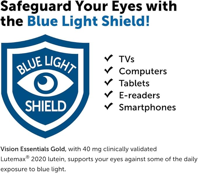 Dr. Whitaker's Vision Essentials Gold - Eye Health Supplement with 40 mg of Lutein Plus Zeaxanthin &amp Taurine - Supports Macular Health and Shields Eyes Against Blue Light Exposure (120 Capsules)