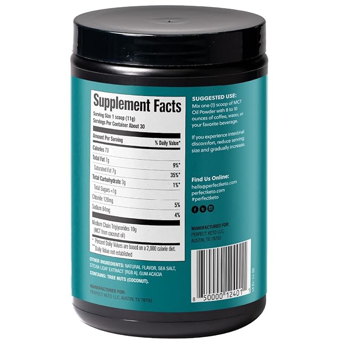 Perfect Keto 7g MCT Oil Powder Medium Chain Triglycerides Supplement Non Dairy Coffee Creamer for Keto Diet Ketogenic MCT Oil Mix for Coffee Smoothie Protein Shakes Salted Caramel 30 Servings
