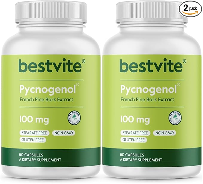 BESTVITE Pycnogenol 100mg (120 Capsules) (60x2) - French Maritime Pine Bark Extract - No Stearates - Gluten Free - Non GMO